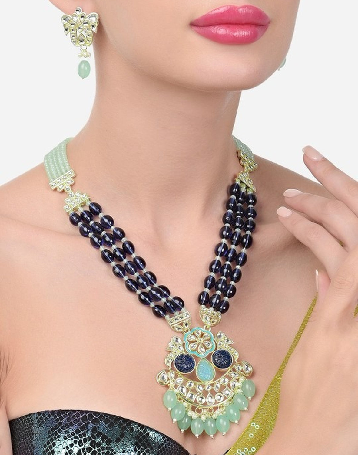 Jewel City Royal Blue Beaded Kundan Pendant Necklace Set | Mint Green Drop Beads | Traditional Gold-Plated Indian Jewelry Set