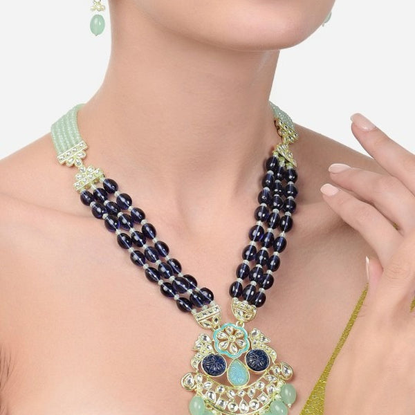 Jewel City Royal Blue Beaded Kundan Pendant Necklace Set | Mint Green Drop Beads | Traditional Gold-Plated Indian Jewelry Set - Distacart
