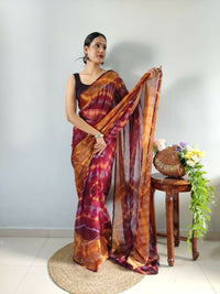 Thumbnail for Malishka Chiffon Printed Ready To Wear Saree With Blouse Piece - Pink - Distacart