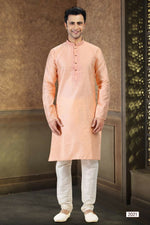 Thumbnail for Raivat Ethnic Jacquard Banarasi Silk Thread Work Kurta Pajama In Peach Colour - Distacart