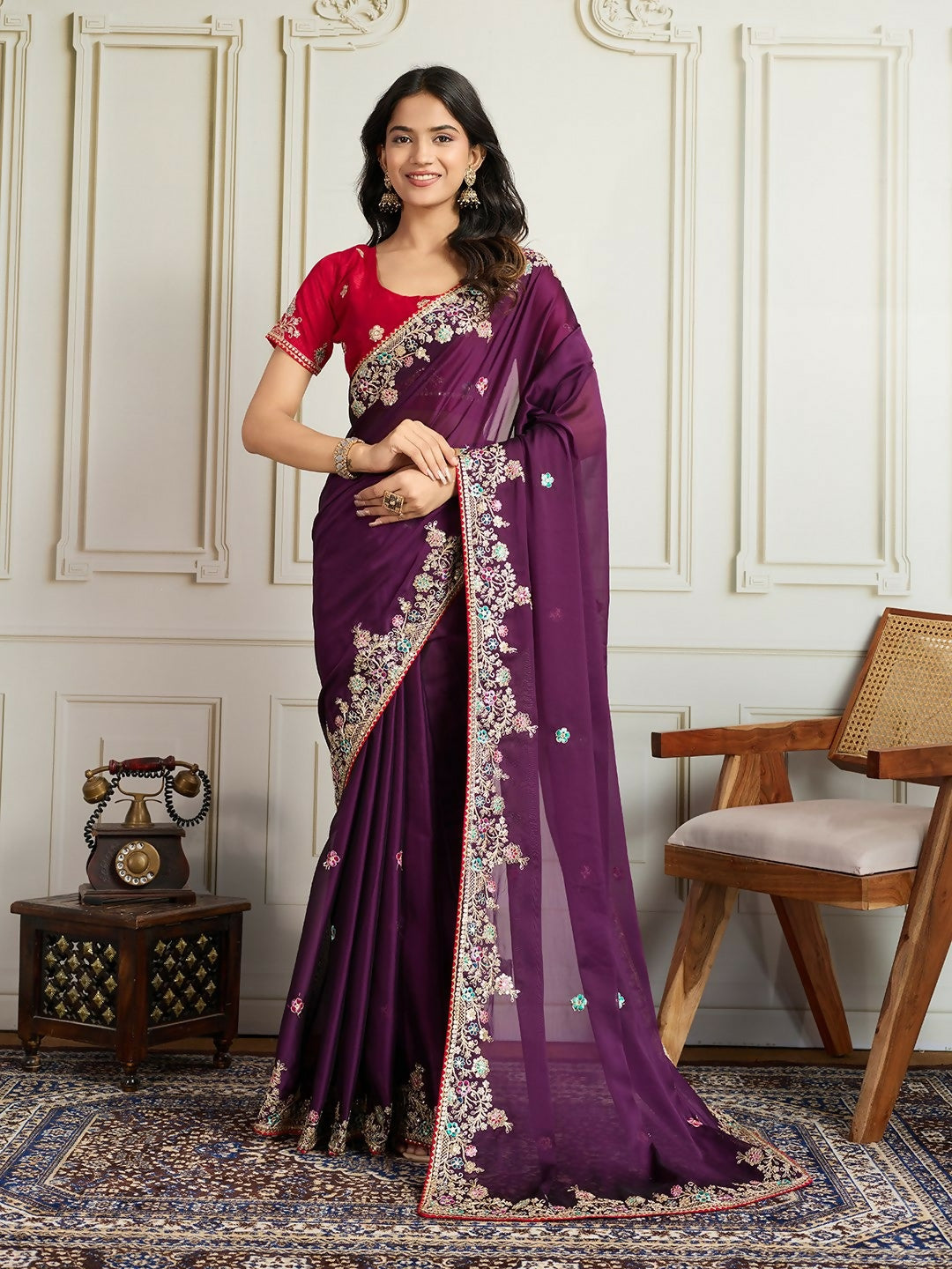 Ai Fashion Wine Rangoli Silk Embroidery Party Wear Saree