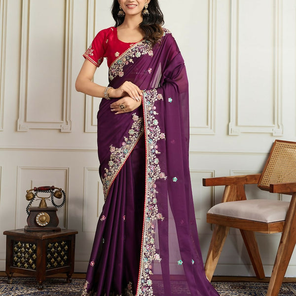 Ai Fashion Wine Rangoli Silk Embroidery Party Wear Saree - Distacart