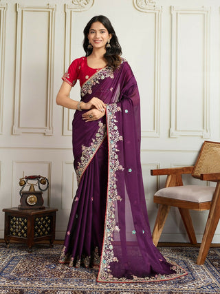 Ai Fashion Wine Rangoli Silk Embroidery Party Wear Saree