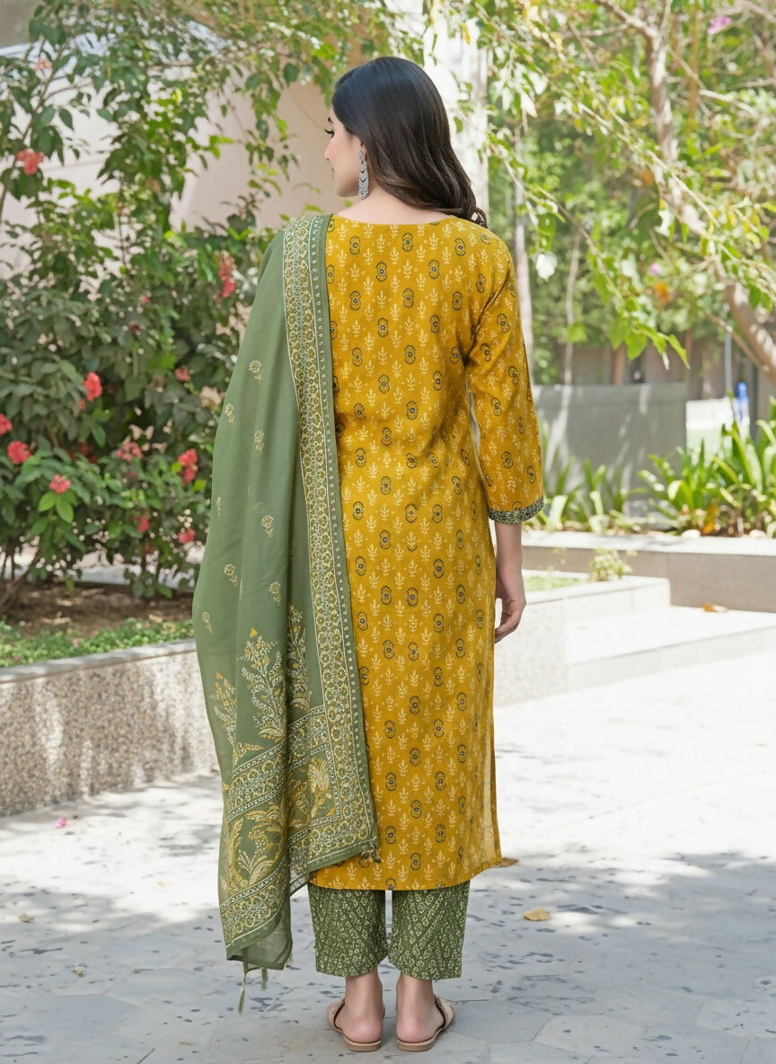 BulBul Aaliya Mustard Cotton Kurta Set with Dupatta