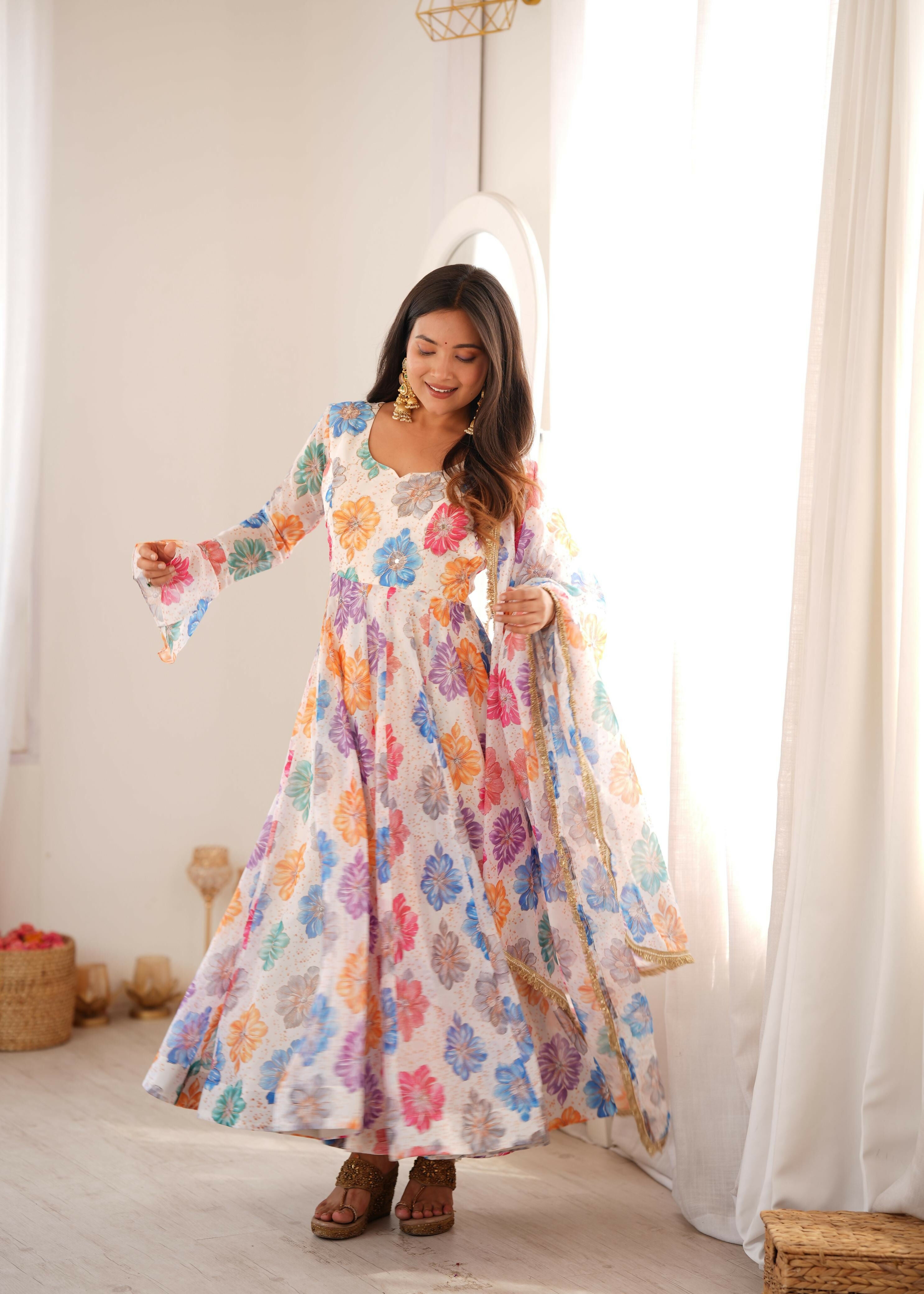 Teeya Creation Women's Multicolor Floral Print Anarkali Suit with Dupatta