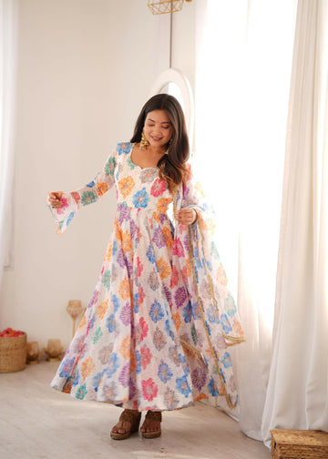 Teeya Creation Women's Multicolor Floral Print Anarkali Suit with Dupatta - Dista