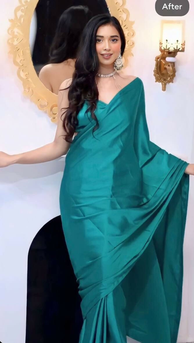 Malishka Satin Silk Solid Ready To Wear Saree With Blouse Piece - Rama - Distacart