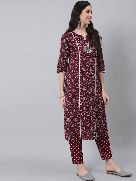Anubhutee Maroon Ethnic Motifs Thread Work Pure Cotton Kurta with Trousers & With Dupatta - Distacart