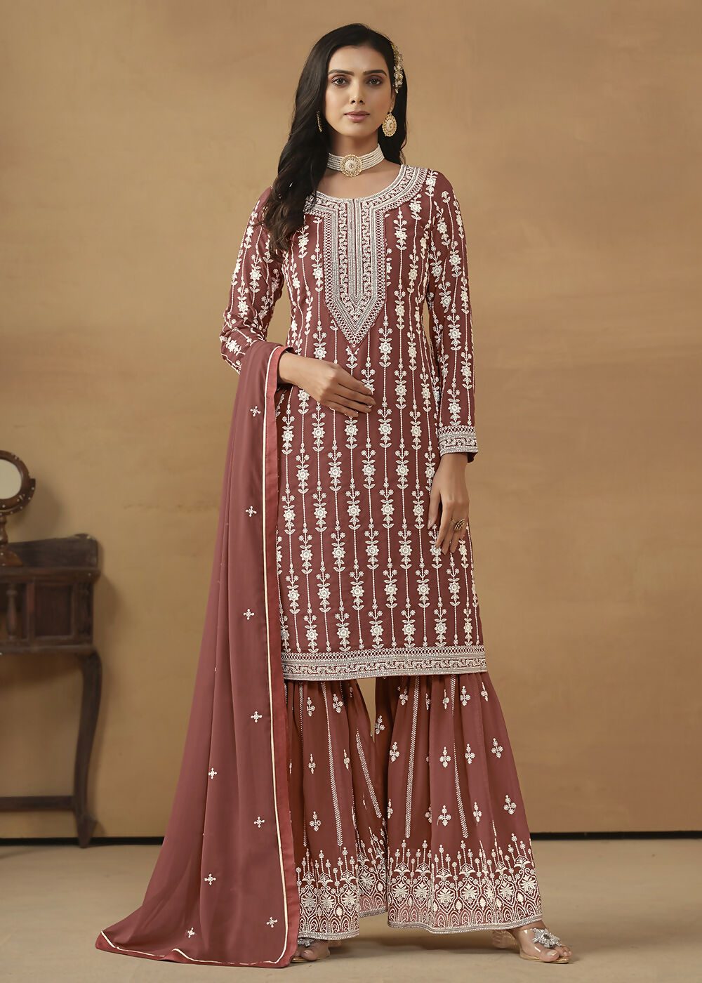 Radiant Brown Embroidered Wedding Festive Gharara Suit - Emponline - Distacart