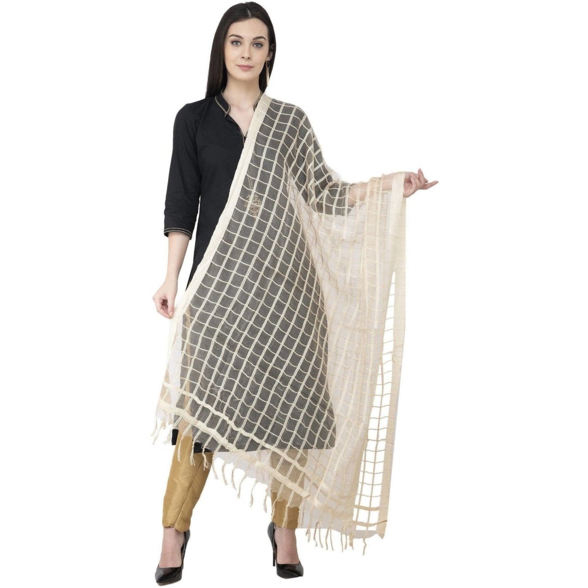 A R SILK Cotton square Regular Dupatta White Color Dupatta or Chunni