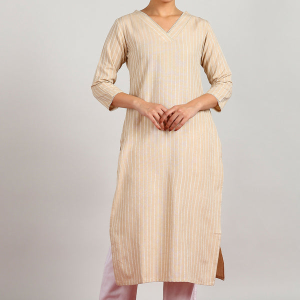Aavyora Women's Beige Woven Striped V-Neck Kurta