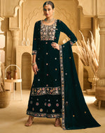 Thumbnail for Anaita Dark Green Embroidered Work Velvet Stitched Plazo Suit - Distacart