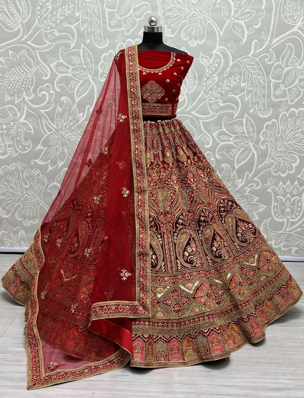 Jyoti Fashion Women's Red Velvet Multi Thread Embroidered with Zircon Diamond Wedding Lehenga Choli - Distacart