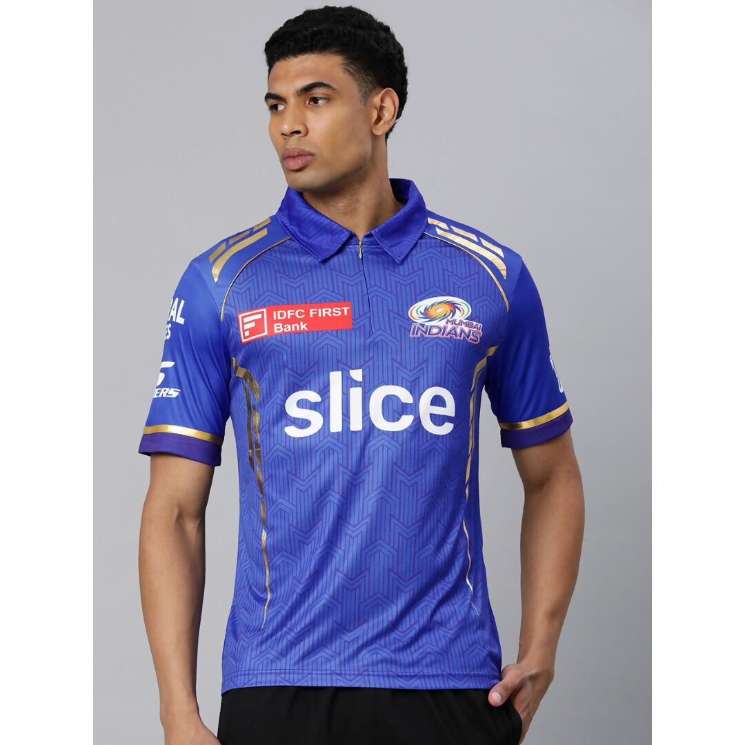 playR Men Printed Polo Collar Dri-FIT MI Official Match Jersey T-shirt IPL, T20 - Distacart