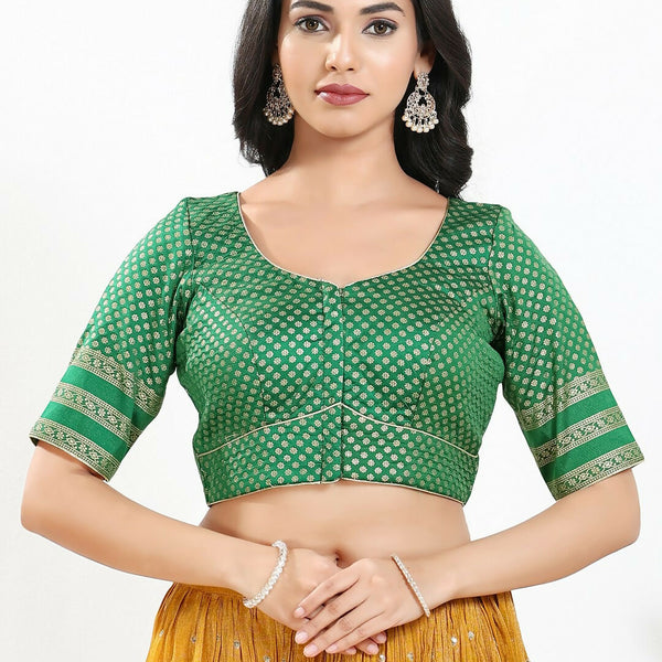 Joban Fashion Green Brocade Padded Blouse With Round Neck Elbow Sleeves - Distacart