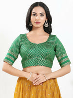 Thumbnail for Joban Fashion Green Brocade Padded Blouse With Round Neck Elbow Sleeves - Distacart