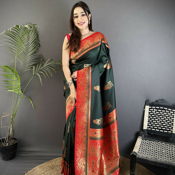 Joban Fashion Dark Green Banarasi Soft Silk Peacock Butta Work Saree