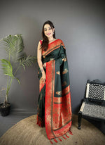 Thumbnail for Joban Fashion Dark Green Banarasi Soft Silk Peacock Butta Work Saree