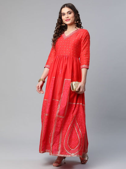 Ahalyaa Women Red Chanderi Khari Printed Dress - Distacart