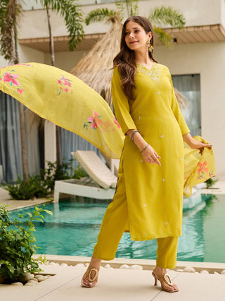 The52 Yellow Embroidered Rayon Slub Fabric Straight Kurta, Pant and Dupatta Set