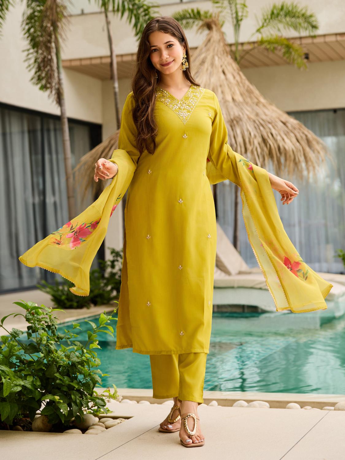 The52 Yellow Embroidered Rayon Slub Fabric Straight Kurta, Pant and Dupatta Set