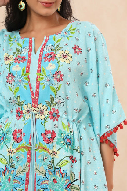 Juniper Sky Blue Floral Printed Calf-Length Rayon Kaftan. - Distacart