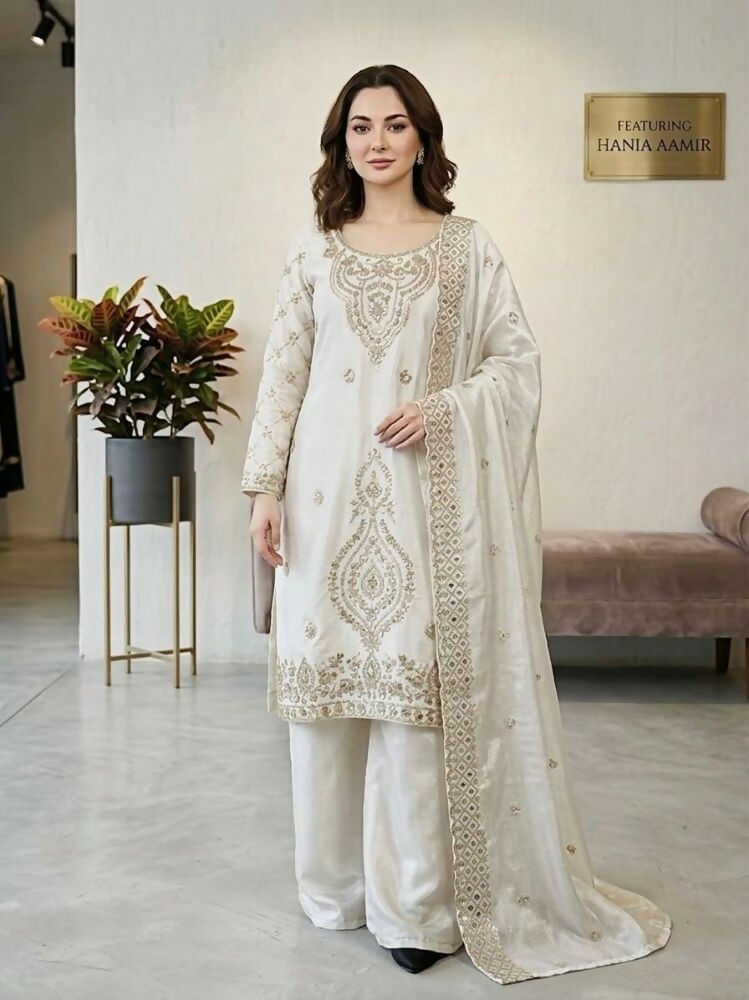 Teeya Creation White Color Gimmychu Silk Embroidery Work Wedding Wear Salwar Suit - Distacart