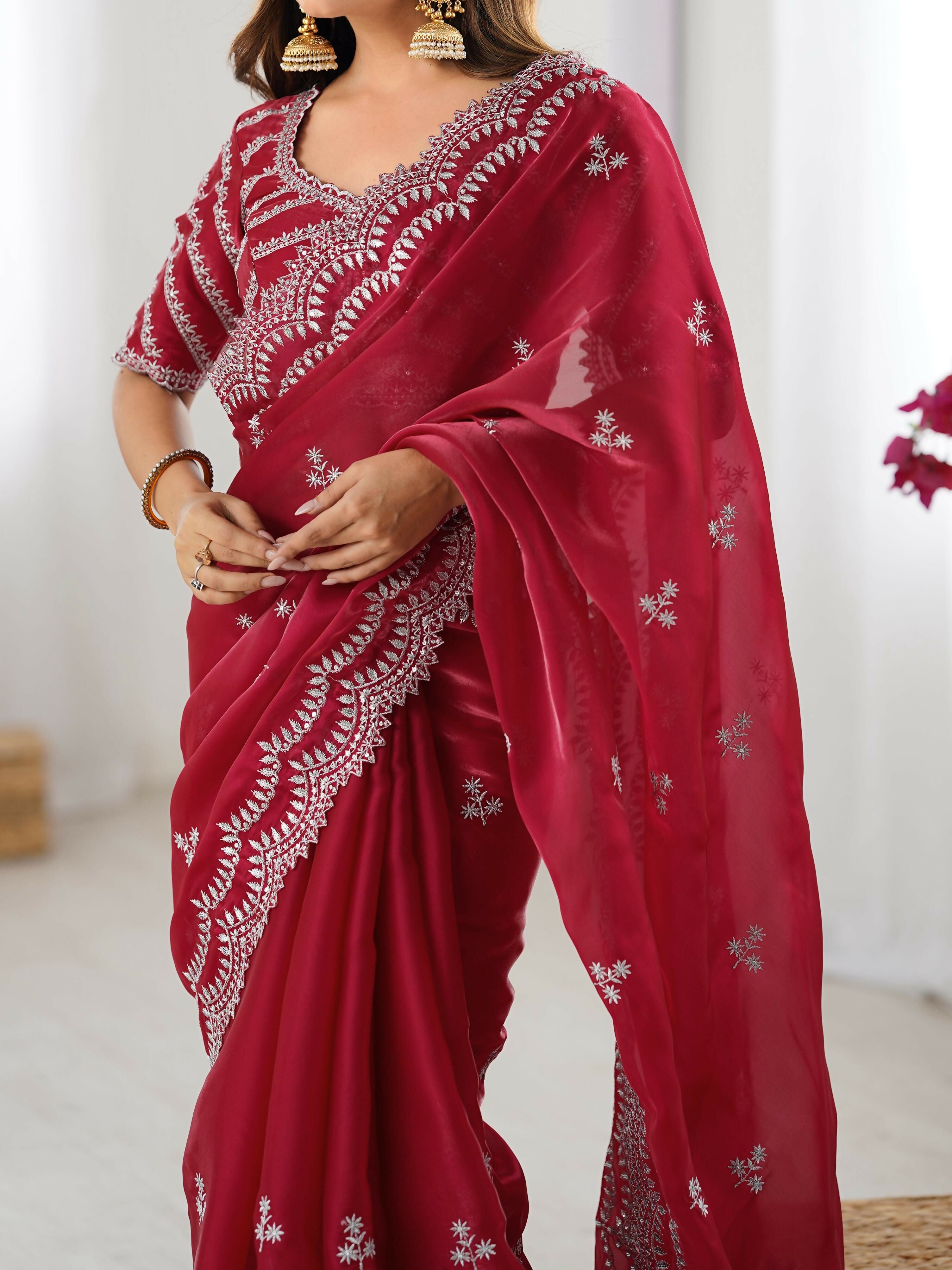 Joban Fashion Red Jimmy Choo Saree With Thread with Sequins work