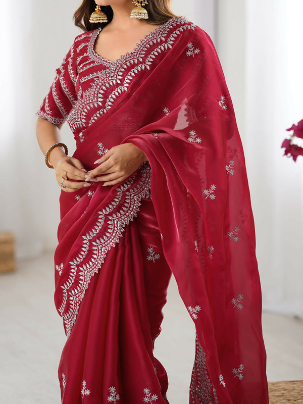 Joban Fashion Red Jimmy Choo Saree With Thread with Sequins work