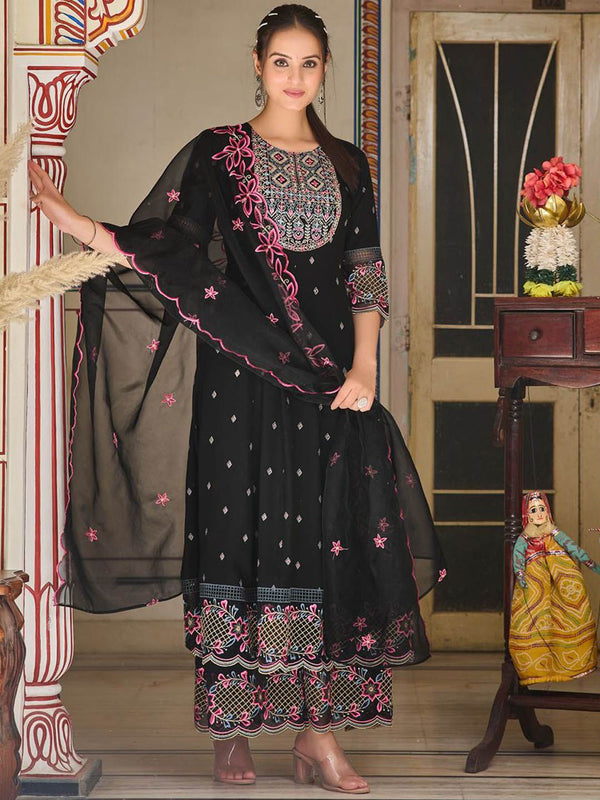 Kalini Floral Embroidered Thread Work Anarkali Kurta With Palazzos & Dupatta - Distacart