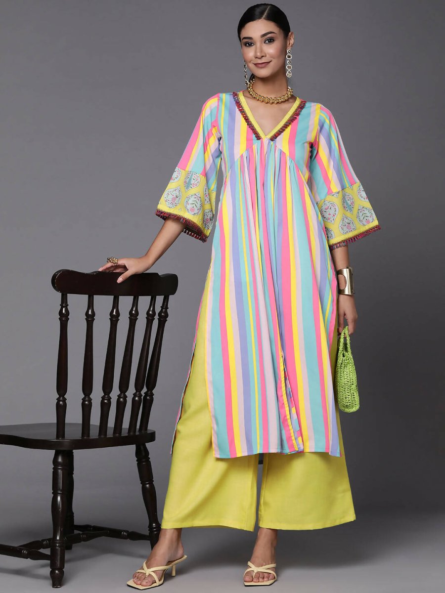 Ahalyaa Women Neon Green & Blue Candy Striped Kurta with Palazzos - Distacart