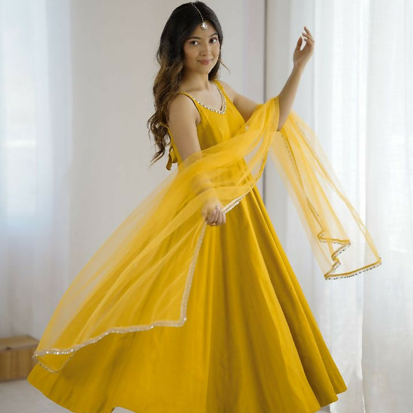 Joban Fashion Yellow Kurta Set Chanderi Sequence Embroidery Work