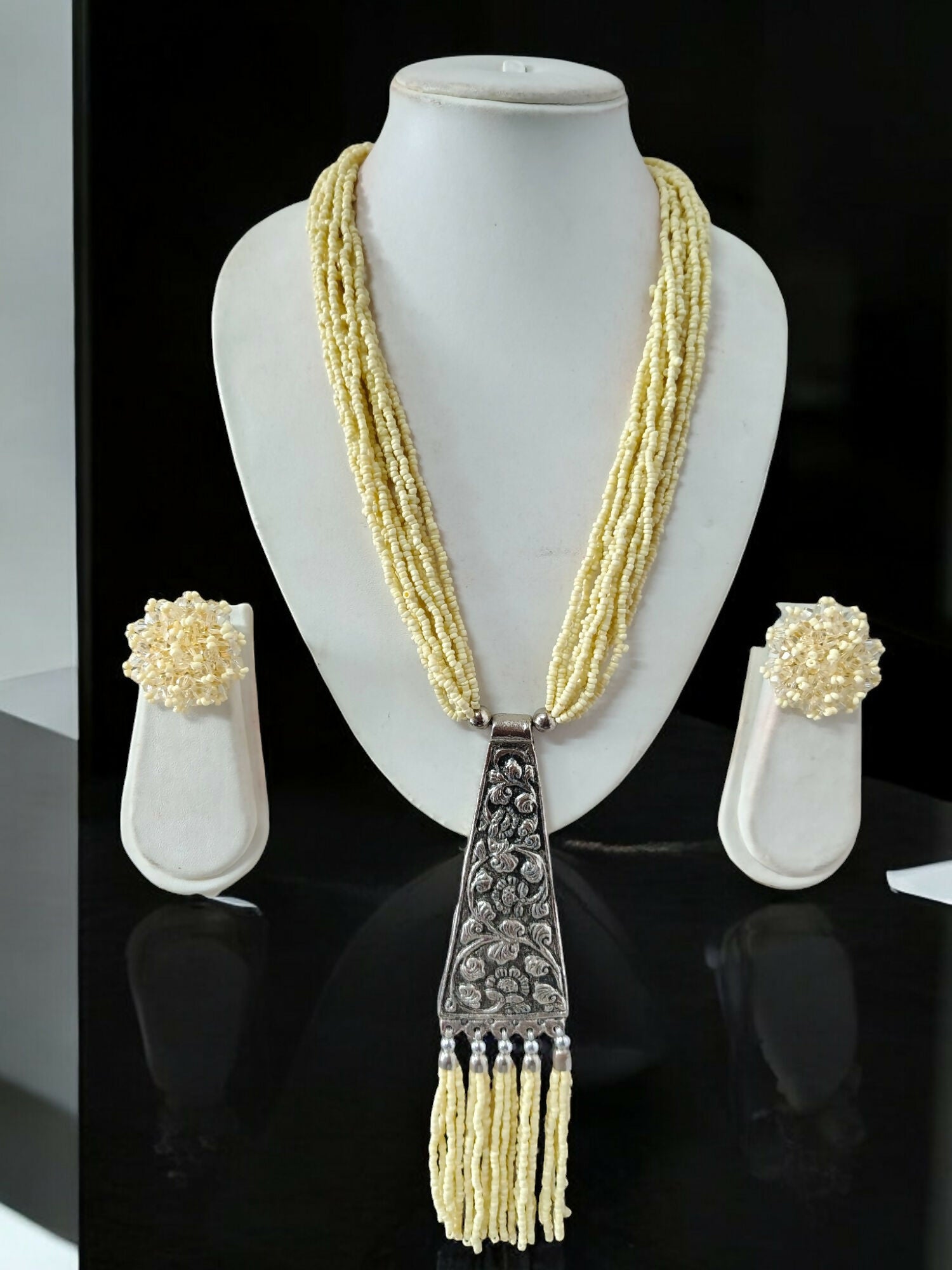 Inhanns Day-To-Dinner Tie Shaped Oxidized Black Metal Multi-Layered Long Necklace Set - Cream - Distacart