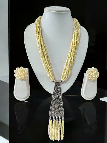 Inhanns Day-To-Dinner Tie Shaped Oxidized Black Metal Multi-Layered Long Necklace Set - Cream - Distacart