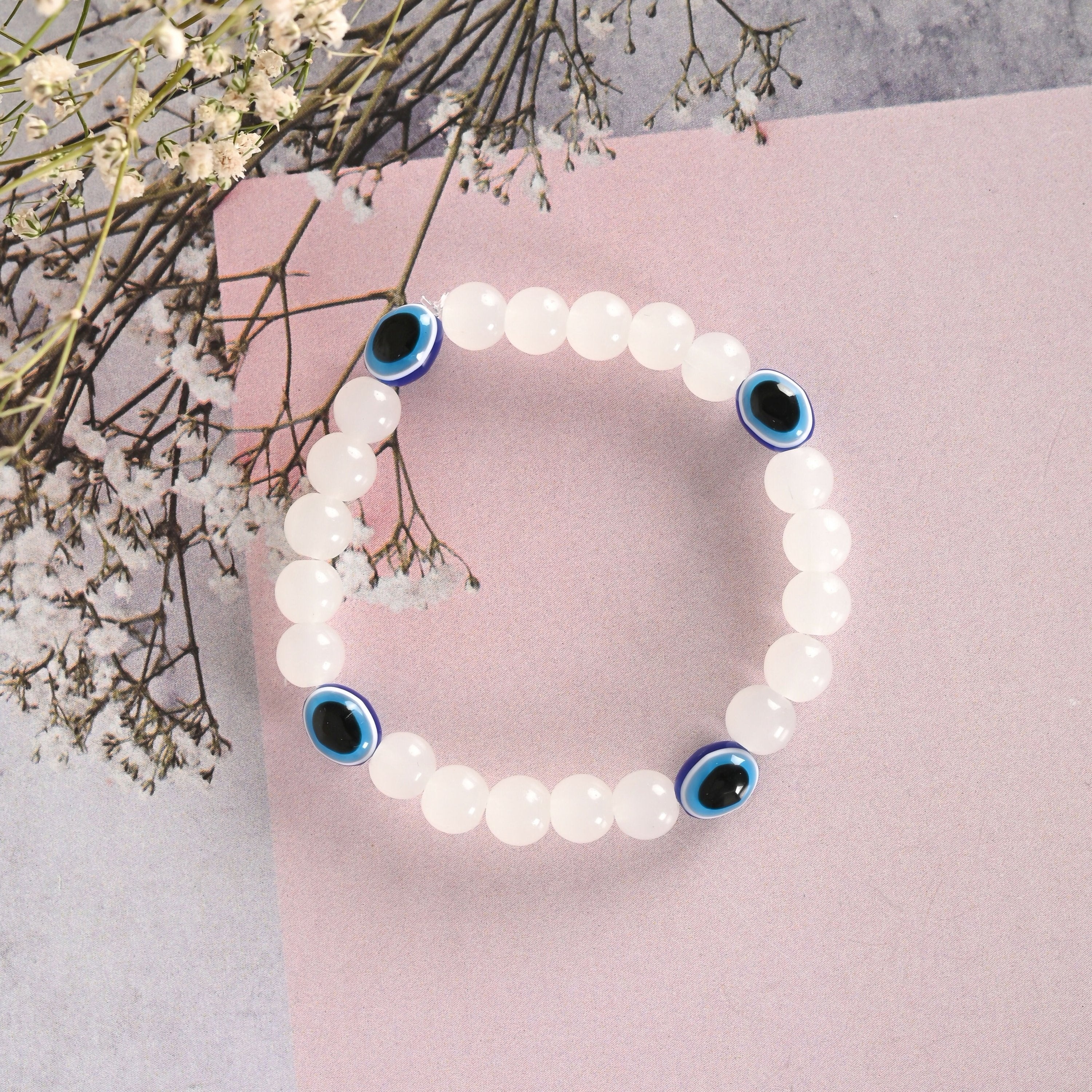 NVR Men & Women White Marbel Crystal Elasticated Bracelet - Distacart