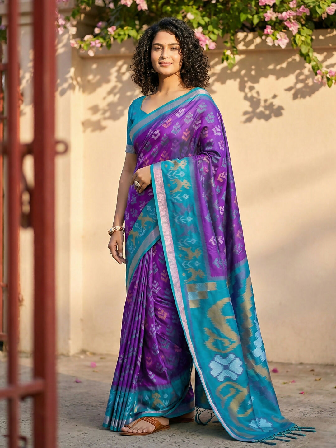 Astita Violet Pochampally Silk Saree - Distacart