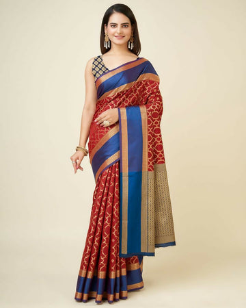 Joban Fashion Red Woven Design Lichi Silk Kanchipuram Saree - Dista