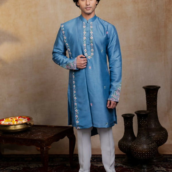 Falling Raw Silk Blue Varnika Kurta Set By Hilo Design