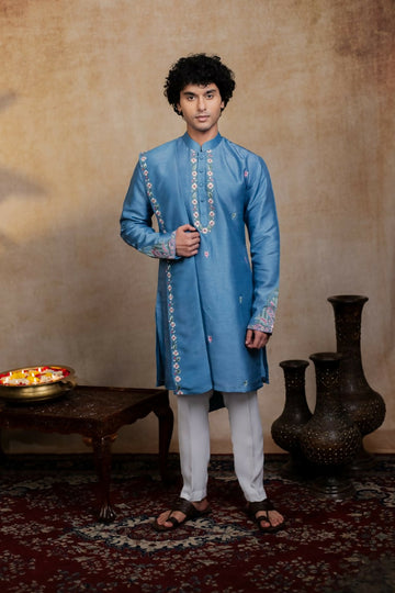 Falling Raw Silk Blue Varnika Kurta Set By Hilo Design - Distacart