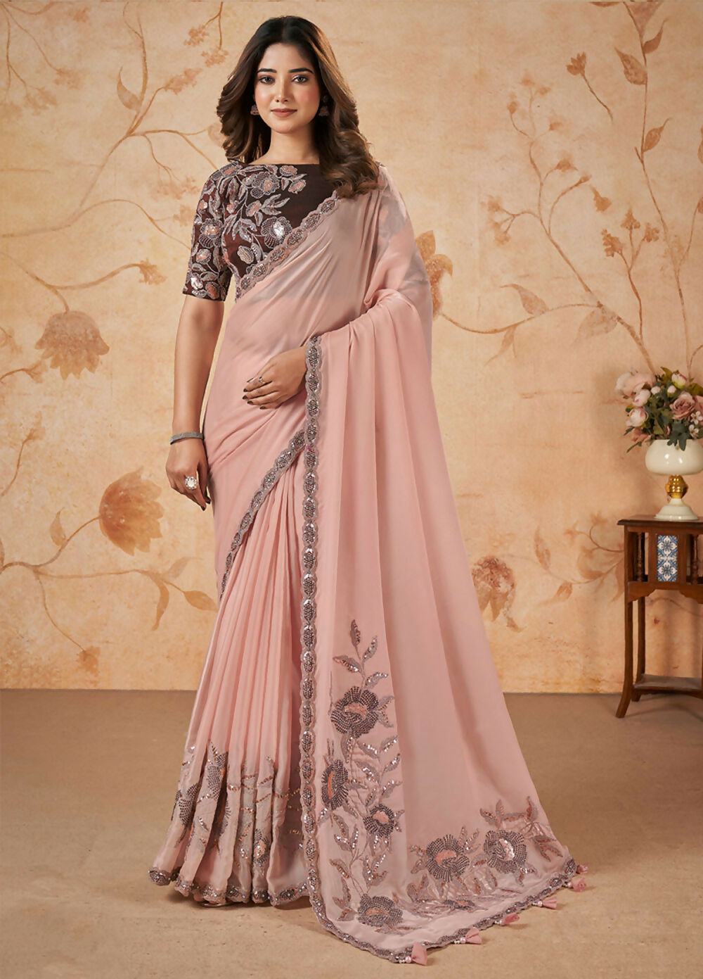 Peach Crepe Satin Silk Thread, Sequence, Cord Embroidered with Stone Work Saree - Mohmanthan Dakshika - Distacart