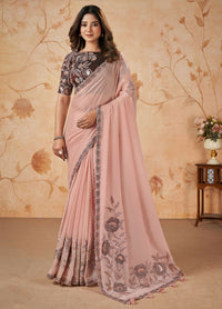 Thumbnail for Peach Crepe Satin Silk Thread, Sequence, Cord Embroidered with Stone Work Saree - Mohmanthan Dakshika - Distacart