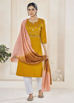 Thumbnail for Jyoti Fashion Women's Mustard Pure Viscose Weaving Stripe with Embroidery Kurta Set - Distacart
