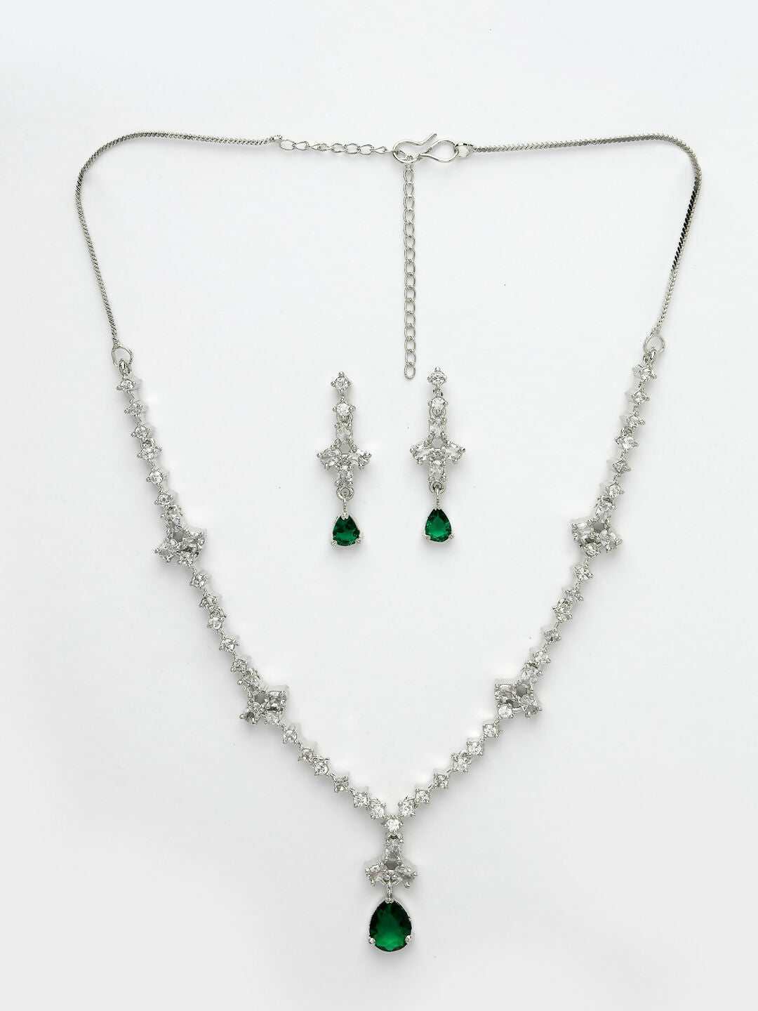 NVR Women's Silver-Plated Green American Diamond Studded Jewellery Set - Distacart