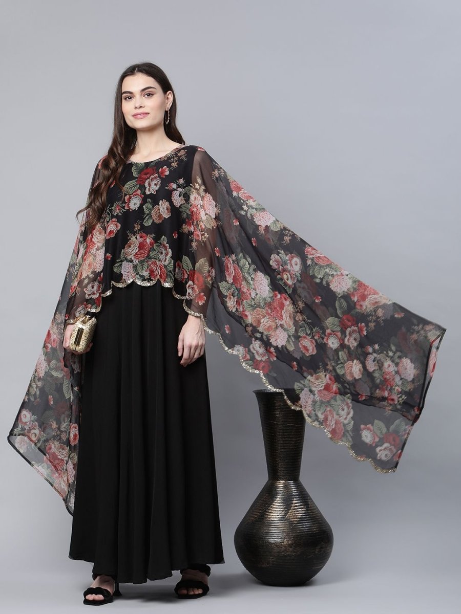 Ahalyaa Women Black Crepe Dress With Attached Dupatta - Distacart