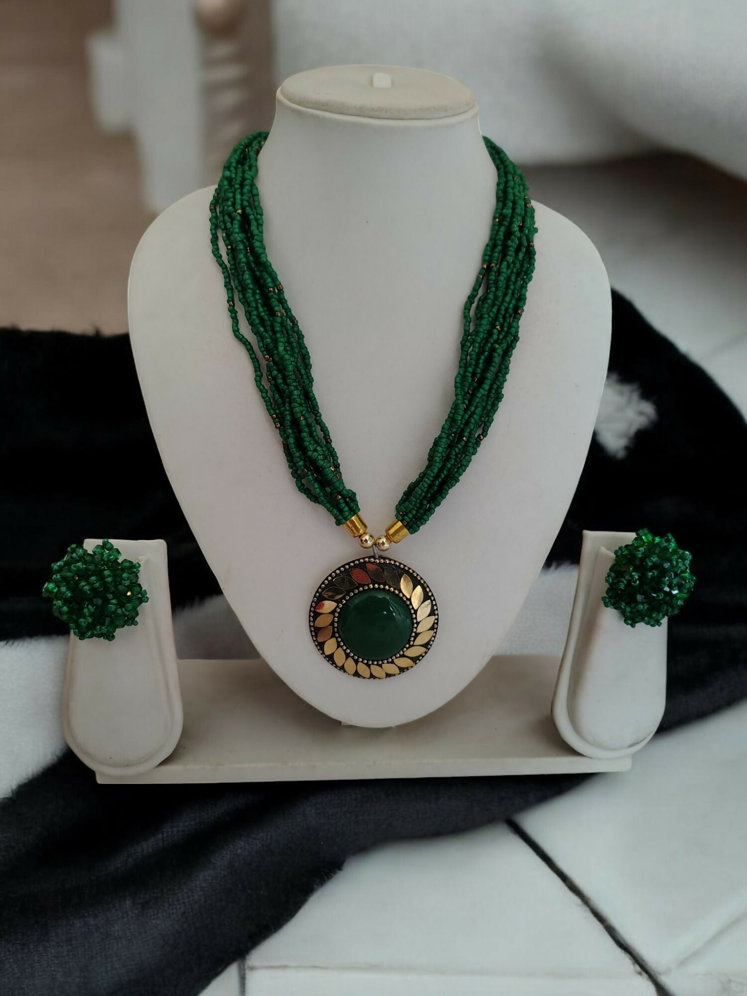 Inhanns All-Day Statement Beaded Necklace Set - Green - Distacart