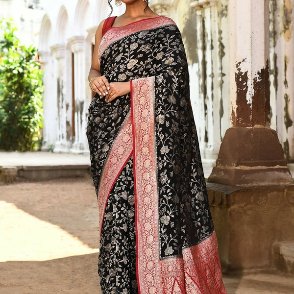 Joban Fashion Black Crepe Chiffon Pure Handloom Banarasi Silk Saree