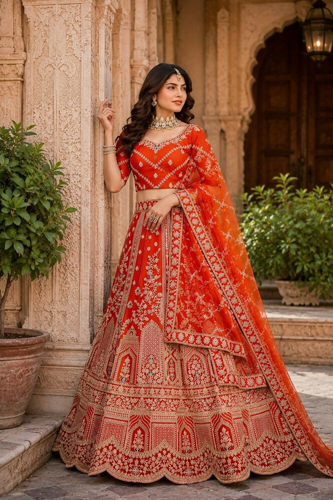 Lehenga Mart Orange Designer Wedding Wear Lehenga Choli - Dista