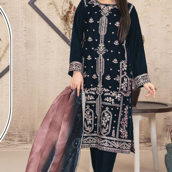 Anaita Navy Blue Velvet Suit with Embroidery Sequence Work