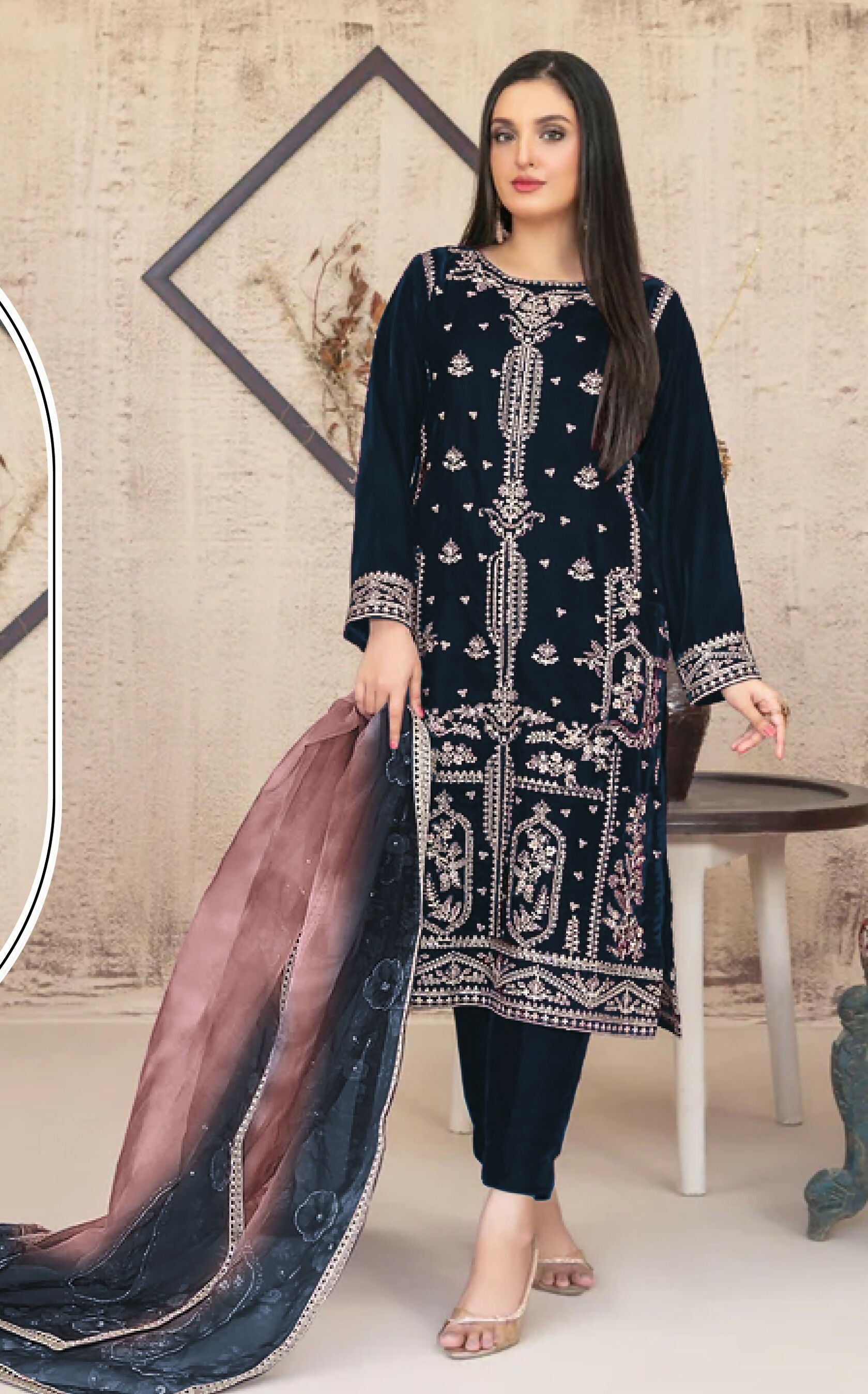 Anaita Navy Blue Velvet Suit with Embroidery Sequence Work - Distacart
