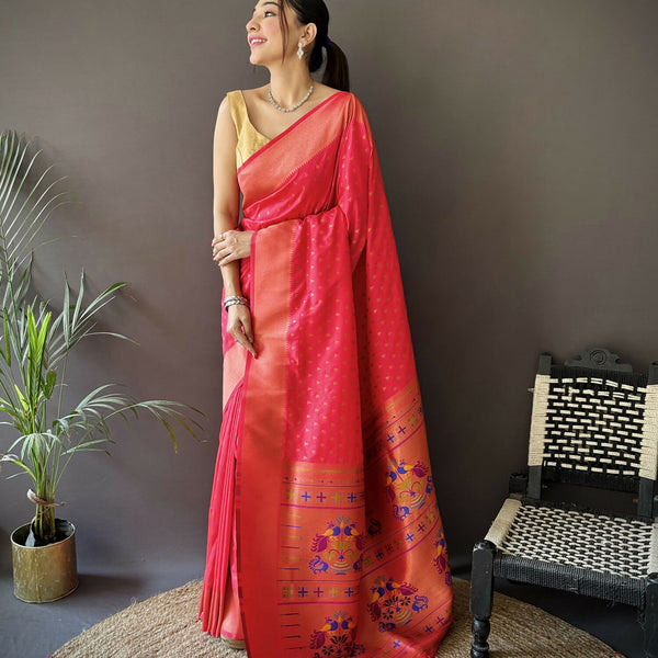 Joban Fashion Hot Pink Jacquard Butti Soft Lichi Silk Paithani Saree - Distacart